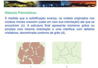 Materiais Policristalinos
À medida que a solidificação avança, os cristais originados nos
núcleos iniciais crescem (cada um com sua orientação) até que se
encontram (c). A estrutura final apresenta inúmeros grãos ou
porções com mesma orientação e uma interface com defeitos
cristalinos, denominada contorno de grão (d).
 