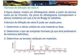 Técnicas de Difração de raios-X
A figura abaixo mostra um difratograma obtido a partir da técnica
sobre pó de Chumbo. Os picos do difratograma correspondem a
planos cristalinos em que a lei de Bragg foi satisfeita.
A técnica de difração de raios-X pode ser usada para:
1- Determinar a célula unitária de uma material ou fase,
2- Determinar o tipo de composto formado (já que terá parâmetros
de estrutura definidos),
3- Determinar as tensões residuais em materiais.
Intensidade
Ângulo de Difração 2
 