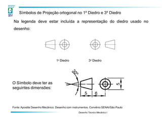 Na legenda deve estar incluída a representação do diedro usado no
desenho:
1o Diedro 3o Diedro
Símbolos de Projeção ortogonal no 1º Diedro e 3º Diedro
O Símbolo deve ter as
seguintes dimensões:
Desenho Técnico Mecânico I
Fonte:Apostila Desenho Mecânico. Desenho com instrumentos. Convênio SENAI/São Paulo
 