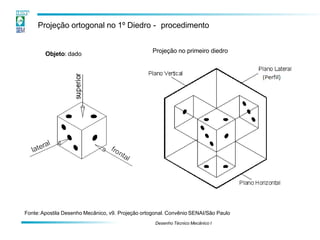 Projeção ortogonal no 1º Diedro - procedimento
Objeto: dado Projeção no primeiro diedro
Fonte:Apostila Desenho Mecânico, v9. Projeção ortogonal. Convênio SENAI/São Paulo
Desenho Técnico Mecânico I
 