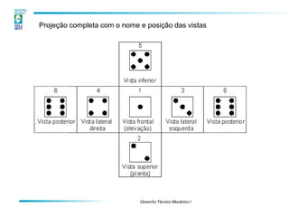 Projeção completa com o nome e posição das vistas
Desenho Técnico Mecânico I
 