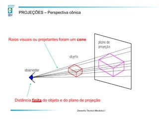 PROJEÇÕES – Perspectiva cônica
Distância finita do objeto e do plano de projeção
Raios visuais ou projetantes foram um cone
Desenho Técnico Mecânico I
 