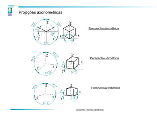 Projeções axonométricas
Perspectiva isométrica
Desenho Técnico Mecânico I
Perspectiva trimétrica
Perspectiva dimétrica
 