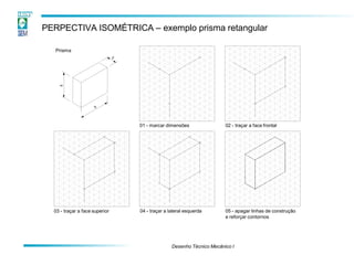 PERPECTIVA ISOMÉTRICA – exemplo prisma retangular
5
Desenho Técnico Mecânico I
Prisma
01 - marcar dimensões 02 - traçar a face frontal
05 - apagar linhas de construção
e reforçar contornos
04 - traçar a lateral esquerda
03 - traçar a face superior
 