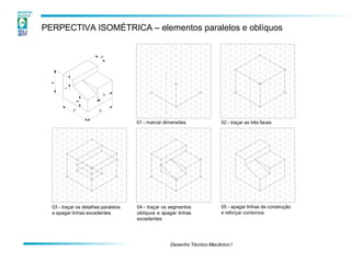 03 - traçar os detalhes paralelos
e apagar linhas excedentes
04 - traçar os segmentos
oblíquos e apagar linhas
excedentes
4
01 - marcar dimensões
05 - apagar linhas de construção
e reforçar contornos
02 - traçar as três faces
2
1
PERPECTIVA ISOMÉTRICA – elementos paralelos e oblíquos
Desenho Técnico Mecânico I
 