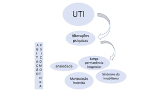 UTI
Alterações
psíquicas
ansiedade
Longa
permanência
hospitalar
Síndrome do
imobilismo
Manipulação
indevida
A P
G S
I I
T C
A O
Ç M
Ã O
O T
O
R
A
 