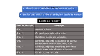 • Visando evitar sedP
ar
o
çf
.
ã:
T
oh
i
a
ig
noA
sz
ue
v
fe
id
co
iF
ee
r
nr
a
tz
eou excessiva;
• Escalas para avaliar o nível de sedação – Escala de Ramsay
Escala de Ramsay
Grau de sedação Descrição
Grau 1 Ansioso, agitado
Grau 2 Cooperativo, orientado, tranquilo
Grau 3 Sonolento, atende aos comandos
Grau 4 Dormindo, responde rapidamente ao estímulo
glabelar ou ao estímulo sonoro vigoroso
Grau 5 Dormindo, responde lentamente ao estímulo
glabelar ou ao estímulo sonoro vigoroso
Grau 6 Dormindo, sem resposta
 