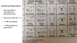  Esforço Respiratório:
o Para quantificar a
importância do
desconforto resp.;
o Soma das notas de 0 – 2;
o = 0  normalidade;
o = 5  gravidade no
desconforto.
 