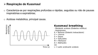  Respiração de Kussmaul
o Caracteriza-se por respirações profundas e rápidas, seguidas ou não de pausas
inspiratórias e expiratórias;
o Acidose metabólica, principal causa.
 