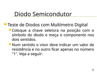Diodo Semicondutor
32
 Teste de Diodos com Multímetro Digital
 Coloque a chave seletora na posição com o
símbolo do diodo e meça o componente nos
dois sentidos.
 Num sentido o visor deve indicar um valor de
resistência e no outro ficar apenas no número
"1". Veja a seguir:
 