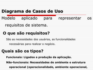 Modelo aplicado para representar os
requisitos de sistema.
O que são requisitos?
São as necessidades dos usuários, as funcionalidades
necessárias para realizar o negócio.
Quais são os tipos?
Funcionais: Ligados a produção da aplicação.
Não-funcionais: Necessidades de ambiente e estrutura
operacional (operacionalidade, ambiente operacional,
Diagrama de Casos de Uso
 