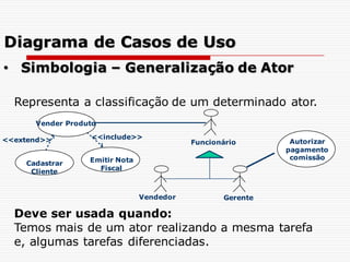 Representa a classificação de um determinado ator.
Deve ser usada quando:
Temos mais de um ator realizando a mesma tarefa
e, algumas tarefas diferenciadas.
Funcionário
Vendedor Gerente
Vender Produto
<<include>>
Emitir Nota
Fiscal
Cadastrar
Cliente
<<extend>> Autorizar
pagamento
comissão
• Simbologia – Generalização de Ator
Diagrama de Casos de Uso
 