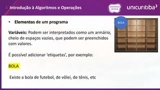 Introdução à Algoritmos e Operações
• Elementos de um programa
Variáveis: Podem ser interpretados como um armário,
cheio de espaços vazios, que podem ser preenchidos
com valores.
É possível adicionar ‘etiquetas’, por exemplo:
BOLA
Existe a bola de futebol, de vôlei, de tênis, etc
BOLA
 