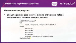 Introdução à Algoritmos e Operações
Elementos de um programa
• Crie um algoritmo para escrever a média entre quatro notas e
armazenando o resultado em outra variável:
ALGORITMO “exemplo 2”
VAR
nota1, nota2, nota3, nota4, resultado: DECIMAL
INICIO
nota1 <- 9,7
nota2 <- 8,5
nota3 <- 6,5
nota4 <- 7,2
resultado <- (nota1, nota2, nota3, nota4)/4
FIMALGORITMO
 
