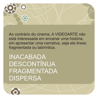 Ao contrário do cinema, A VIDEOARTE não
está interessada em encenar uma história,
em apresentar uma narrativa, seja ela linear,
fragmentada ou labiríntica.

INACABADA
DESCONTÍNUA
FRAGMENTADA
DISPERSA
 