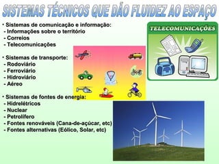 • Sistemas de comunicação e informação:Sistemas de comunicação e informação:
- Informações sobre o território- Informações sobre o território
- Correios- Correios
- Telecomunicações- Telecomunicações
• Sistemas de transporte:Sistemas de transporte:
- Rodoviário- Rodoviário
- Ferroviário- Ferroviário
- Hidroviário- Hidroviário
- Aéreo- Aéreo
• Sistemas de fontes de energia:Sistemas de fontes de energia:
- Hidrelétricos- Hidrelétricos
- Nuclear- Nuclear
- Petrolífero- Petrolífero
- Fontes renováveis (Cana-de-açúcar, etc)- Fontes renováveis (Cana-de-açúcar, etc)
- Fontes alternativas (Eólico, Solar, etc)- Fontes alternativas (Eólico, Solar, etc)
 