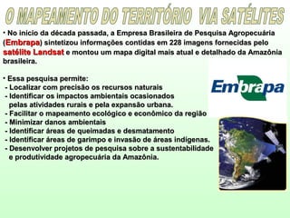 • No início da década passada, a Empresa Brasileira de Pesquisa AgropecuáriaNo início da década passada, a Empresa Brasileira de Pesquisa Agropecuária
((EmbrapaEmbrapa) sintetizou informações contidas em 228 imagens fornecidas pelo) sintetizou informações contidas em 228 imagens fornecidas pelo
satélite Landsatsatélite Landsat e montou um mapa digital mais atual e detalhado da Amazôniae montou um mapa digital mais atual e detalhado da Amazônia
brasileira.brasileira.
• Essa pesquisa permite:Essa pesquisa permite:
- Localizar com precisão os recursos naturais- Localizar com precisão os recursos naturais
- Identificar os impactos ambientais ocasionados- Identificar os impactos ambientais ocasionados
pelas atividades rurais e pela expansão urbana.pelas atividades rurais e pela expansão urbana.
- Facilitar o mapeamento ecológico e econômico da região- Facilitar o mapeamento ecológico e econômico da região
- Minimizar danos ambientais- Minimizar danos ambientais
- Identificar áreas de queimadas e desmatamento- Identificar áreas de queimadas e desmatamento
- Identificar áreas de garimpo e invasão de áreas indígenas.- Identificar áreas de garimpo e invasão de áreas indígenas.
- Desenvolver projetos de pesquisa sobre a sustentabilidade- Desenvolver projetos de pesquisa sobre a sustentabilidade
e produtividade agropecuária da Amazônia.e produtividade agropecuária da Amazônia.
 