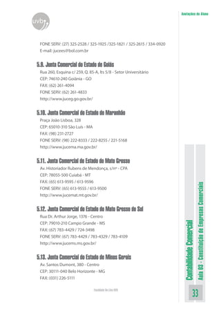 Anotações do Aluno
uvb


  FONE SERV: (27) 325-2528 / 325-1925 /325-1821 / 325-2615 / 334-0920
  E-mail: jucees@bol.com.br


 5.9. Junta Comercial do Estado de Goiás
  Rua 260, Esquina c/ 259, Q. 85-A, lts 5/8 - Setor Universitário
  CEP: 74610-240 Goiânia - GO
  FAX: (62) 261-4094
  FONE SERV: (62) 261-4833
  http://www.juceg.go.gov.br/


 5.10. Junta Comercial do Estado do Maranhão
  Praça João Lisboa, 328
  CEP: 65010-310 São Luís - MA
  FAX: (98) 231-2727
  FONE SERV: (98) 222-8333 / 222-8255 / 221-5168
  http://www.jucema.ma.gov.br/


 5.11. Junta Comercial do Estado do Mato Grosso
  Av. Historiador Rubens de Mendonça, s/nº - CPA
  CEP: 78055-500 Cuiabá - MT
  FAX: (65) 613-9595 / 613-9596



                                                                                                   Aula 03 - Constituição de Empresas Comerciais
  FONE SERV: (65) 613-9555 / 613-9500
  http://www.jucemat.mt.gov.br/


 5.12. Junta Comercial do Estado do Mato Grosso do Sul
  Rua Dr. Arthur Jorge, 1376 - Centro
                                                                         Contabilidade Comercial


  CEP: 79010-210 Campo Grande - MS
  FAX: (67) 783-4429 / 724-3498
  FONE SERV: (67) 783-4429 / 783-4329 / 783-4109
  http://www.jucems.ms.gov.br/


 5.13. Junta Comercial do Estado de Minas Gerais
  Av. Santos Dumont, 380 - Centro
  CEP: 30111-040 Belo Horizonte - MG
  FAX: (031) 226-5111

                                 Faculdade On-Line UVB
                                                                                          33
 