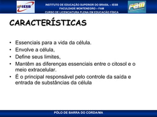 CARACTERÍSTICAS Essenciais para a vida da célula.  Envolve a célula,  Define seus limites,  Mantêm as diferenças essenciais entre o citosol e o meio extracelular.  É o principal responsável pelo controle da saída e entrada de substâncias da célula  