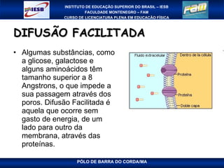DIFUSÃO FACILITADA Algumas substâncias, como a glicose, galactose e alguns aminoácidos têm tamanho superior a 8 Angstrons, o que impede a sua passagem através dos poros. Difusão Facilitada é aquela que ocorre sem gasto de energia, de um lado para outro da membrana, através das proteínas. 
