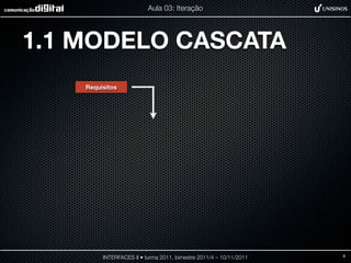 Aula 03: Iteração




1.1 MODELO CASCATA
    Requisitos




         INTERFACES II • turma 2011, bimestre 2011/4 – 10/11/2011   6
 