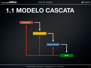 Aula 03: Iteração




1.1 MODELO CASCATA
    Requisitos




                  Análise e Design




                                       Implementação




                                                                    Teste




         INTERFACES II • turma 2011, bimestre 2011/4 – 10/11/2011           6
 
