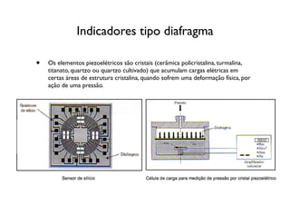Indicadores tipo diafragma

•   Os elementos piezoelétricos são cristais (cerâmica policristalina, turmalina,
    titanato, quartzo ou quartzo cultivado) que acumulam cargas elétricas em
    certas áreas de estrutura cristalina, quando sofrem uma deformação física, por
    ação de uma pressão.
 