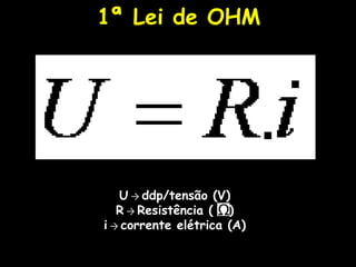 1ª Lei de OHM




   U → ddp/tensão (V)
   R → Resistência ( )
i → corrente elétrica (A)
 