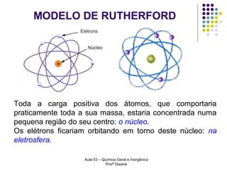 MODELO DE RUTHERFORD

Toda a carga positiva dos átomos, que comportaria
praticamente toda a sua massa, estaria concentrada numa
pequena região do seu centro: o núcleo.
Os elétrons ficariam orbitando em torno deste núcleo: na
eletrosfera.
Aula 03 – Química Geral e Inorgânica
Profª Daiane

 