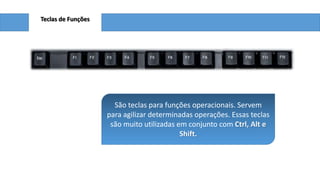 Teclas de Funções

São teclas para funções operacionais. Servem
para agilizar determinadas operações. Essas teclas
são muito utilizadas em conjunto com Ctrl, Alt e
Shift.

 