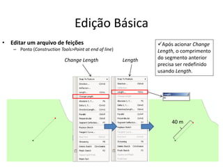 Edição Básica
• Editar um arquivo de feições
– Ponto (Construction Tools>Point at end of line)
Change Length
40 m
Length
Após acionar Change
Length, o comprimento
do segmento anterior
precisa ser redefinido
usando Length.
 