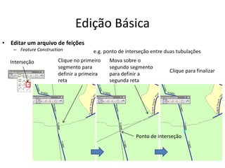 Edição Básica
• Editar um arquivo de feições
– Feature Construction
Interseção Mova sobre o
segundo segmento
para definir a
segunda reta
Clique no primeiro
segmento para
definir a primeira
reta
e.g. ponto de interseção entre duas tubulações
Clique para finalizar
Ponto de interseção
 