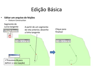Edição Básica
• Editar um arquivo de feições
– Feature Construction
Segmento de
curva tangente A partir de um segmento
de reta anterior, desenhe
a linha tangente
Clique para
finalizar
Pressione R para
definir o raio (opção)
 