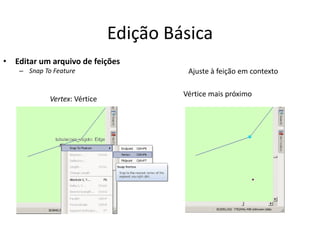 Edição Básica
• Editar um arquivo de feições
– Snap To Feature Ajuste à feição em contexto
Vertex: Vértice
Vértice mais próximo
 
