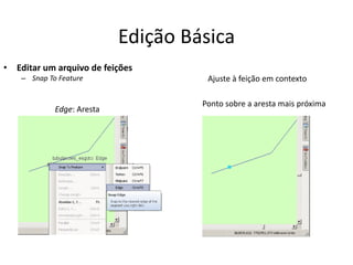 Edição Básica
• Editar um arquivo de feições
– Snap To Feature Ajuste à feição em contexto
Edge: Aresta
Ponto sobre a aresta mais próxima
 