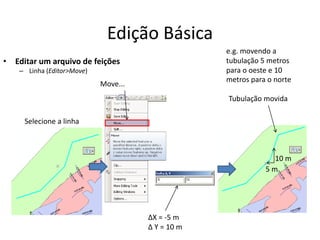 Edição Básica
• Editar um arquivo de feições
– Linha (Editor>Move)
Move...
Selecione a linha
Tubulação movida
e.g. movendo a
tubulação 5 metros
para o oeste e 10
metros para o norte
ΔX = -5 m
Δ Y = 10 m
5 m
10 m
 