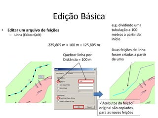 Edição Básica
• Editar um arquivo de feições
– Linha (Editor>Split)
Duas feições de linha
foram criadas a partir
de uma
e.g. dividindo uma
tubulação a 100
metros a partir do
início
Quebrar linha por
Distância = 100 m
Atributos da feição
original são copiados
para as novas feições
225,805 m = 100 m + 125,805 m
 