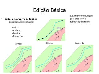 Edição Básica
• Editar um arquivo de feições
– Linha (Editor>Copy Parallel)
e.g. criando tubulações
paralelas a uma
tubulação existente
Lado:
-Ambos
-Direito
-Esquerdo
Ambos Direito Esquerdo
 