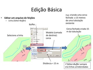 Edição Básica
• Editar um arquivo de feições
– Linha (Editor>Buffer)
Buffer...
Selecione a linha
Cerca fechada criada 15
m da tubulação
e.g. criando uma cerca
fechada a 15 metros
de uma tubulação
existente
Distância = 15 m
Modelo (camada
de destino):
cerca
Editor>Buffer sempre
cria linhas arredondadas
 