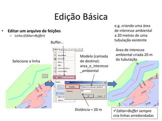 Edição Básica
• Editar um arquivo de feições
– Linha (Editor>Buffer)
Buffer...
Selecione a linha
Área de interesse
ambiental criada 20 m
da tubulação
e.g. criando uma área
de interesse ambiental
a 20 metros de uma
tubulação existente
Distância = 20 m
Modelo (camada
de destino):
area_e_interesse
_ambiental
Editor>Buffer sempre
cria linhas arredondadas
 
