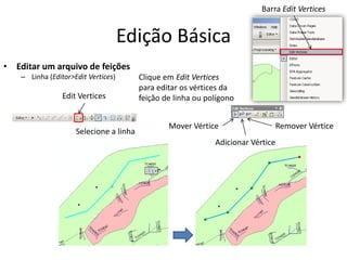 Edição Básica
• Editar um arquivo de feições
– Linha (Editor>Edit Vertices)
Edit Vertices
Mover Vértice
Adicionar Vértice
Remover Vértice
Selecione a linha
Clique em Edit Vertices
para editar os vértices da
feição de linha ou polígono
Barra Edit Vertices
 