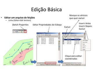 Edição Básica
• Editar um arquivo de feições
– Linha (Editor>Edit Vertices)
Sketch Properties Editar Propriedades do Esboço
Inserir Antes
Inserir Depois
Excluir
Marque os vértices
que quer excluir
Excluir
Clique para editar
coordenadas
 