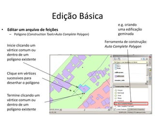 Edição Básica
• Editar um arquivo de feições
– Polígono (Construction Tools>Auto Complete Polygon)
Ferramenta de construção:
Auto Complete PolygonInicie clicando um
vértice comum ou
dentro de um
polígono existente
Clique em vértices
sucessivos para
desenhar o polígono
Termine clicando um
vértice comum ou
dentro de um
polígono existente
e.g. criando
uma edificação
geminada
 