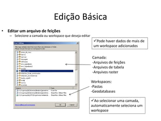 Edição Básica
• Editar um arquivo de feições
– Selecione a camada ou workspace que deseja editar
Ao selecionar uma camada,
automaticamente seleciona um
workspace
Camada:
-Arquivos de feições
-Arquivos de tabela
-Arquivos raster
Workspaces:
-Pastas
-Geodatabases
Pode haver dados de mais de
um workspace adicionados
 
