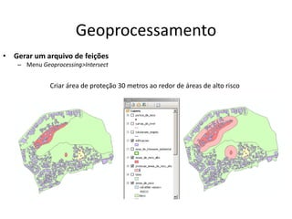 Geoprocessamento
• Gerar um arquivo de feições
– Menu Geoprocessing>Intersect
Criar área de proteção 30 metros ao redor de áreas de alto risco
 