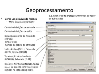 Geoprocessamento
• Gerar um arquivo de feições
– Menu Geoprocessing>Buffer
Camada de feições de entrada
Camada de feições de saída
Distância entorno da feição de
entrada:
-Linear (fixa)
-Campo da tabela de atributos
Lado: Ambos (FULL), Esquerda
(LEFT), Direita (RIGHT)
Terminação: Arredondada
(ROUND), Achatada (FLAT)
Dissolve: Nenhuma (NONE), Todas
(ALL), De acordo com valores dos
campos na lista abaixo (LIST)
e.g. Criar área de proteção 10 metros ao redor
de tubulações
 
