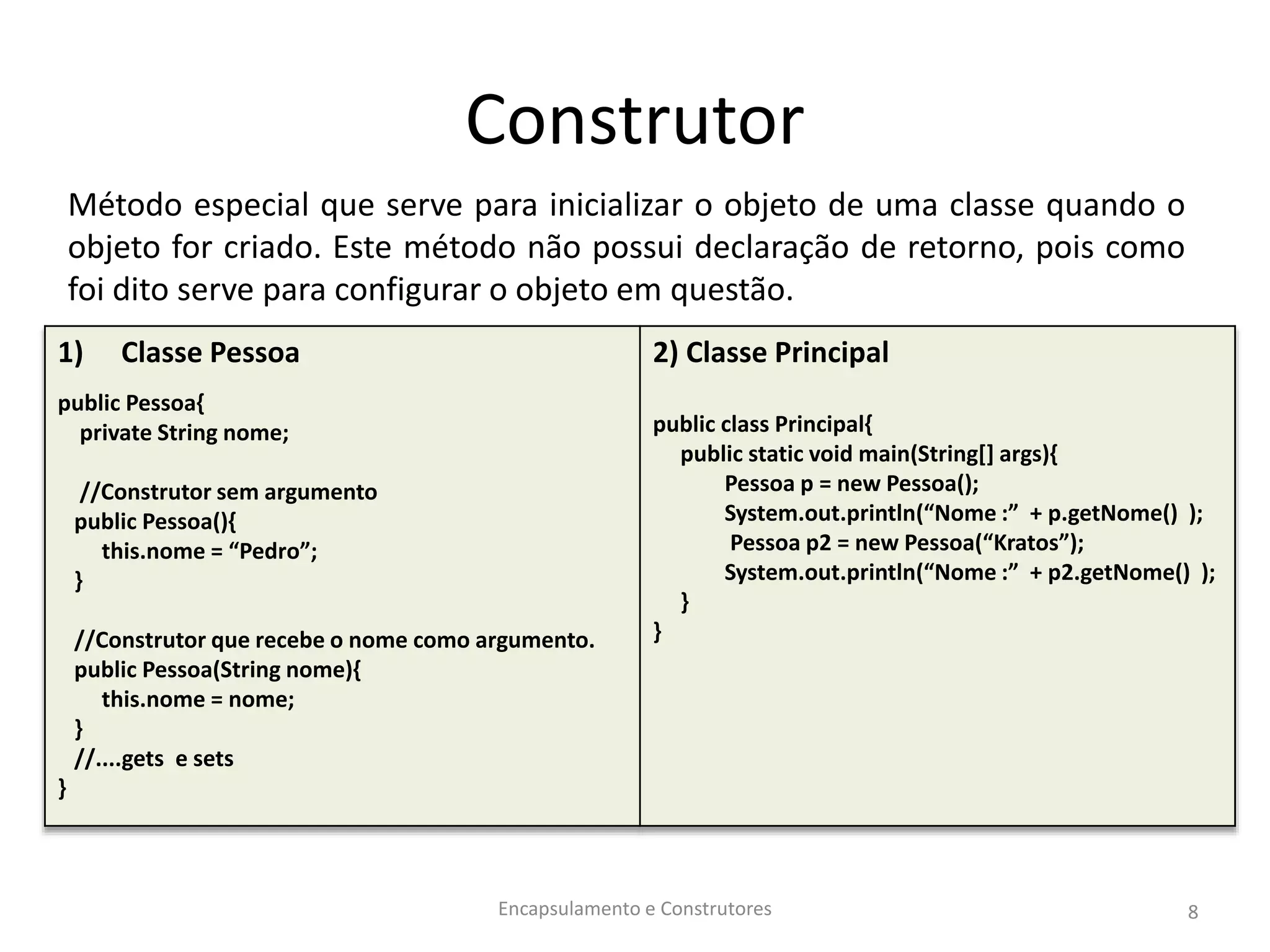 Construtor
Método especial que serve para inicializar o objeto de uma classe quando o
objeto for criado. Este método não possui declaração de retorno, pois como
foi dito serve para configurar o objeto em questão.
Encapsulamento e Construtores 8
1) Classe Pessoa
public Pessoa{
private String nome;
//Construtor sem argumento
public Pessoa(){
this.nome = “Pedro”;
}
//Construtor que recebe o nome como argumento.
public Pessoa(String nome){
this.nome = nome;
}
//....gets e sets
}
2) Classe Principal
public class Principal{
public static void main(String[] args){
Pessoa p = new Pessoa();
System.out.println(“Nome :” + p.getNome() );
Pessoa p2 = new Pessoa(“Kratos”);
System.out.println(“Nome :” + p2.getNome() );
}
}
 