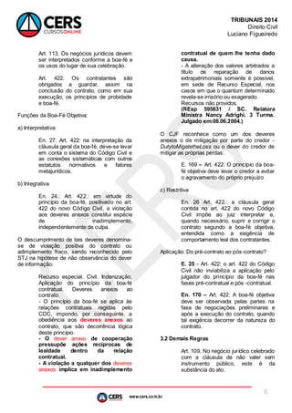 www.cers.com.br
TRIBUNAIS 2014
Direito Civil
Luciano Figueiredo
6
Art. 113. Os negócios jurídicos devem
ser interpretados conforme a boa-fé e
os usos do lugar de sua celebração.
Art. 422. Os contratantes são
obrigados a guardar, assim na
conclusão do contrato, como em sua
execução, os princípios de probidade
e boa-fé.
Funções da Boa-Fé Objetiva:
a) Interpretativa
En. 27. Art. 422: na interpretação da
cláusula geral da boa-fé, deve-se levar
em conta o sistema do Código Civil e
as conexões sistemáticas com outros
estatutos normativos e fatores
metajurídicos.
b) Integrativa
En. 24.: Art. 422.: em virtude do
princípio da boa-fé, positivado no art.
422 do novo Código Civil, a violação
aos deveres anexos constitui espécie
de inadimplemento,
independentemente de culpa.
O descumprimento de tais deveres denomina-
se de violação positiva do contrato ou
adimplemento fraco, sendo reconhecido pelo
STJ na hipótese de não observância do dever
de informação:
Recurso especial. Civil. Indenização.
Aplicação do princípio da boa-fé
contratual. Deveres anexos ao
contrato.
- O princípio da boa-fé se aplica às
relações contratuais regidas pelo
CDC, impondo, por conseguinte, a
obediência aos deveres anexos ao
contrato, que são decorrência lógica
deste princípio.
- O dever anexo de cooperação
pressupõe ações recíprocas de
lealdade dentro da relação
contratual.
- A violação a qualquer dos deveres
anexos implica em inadimplemento
contratual de quem lhe tenha dado
causa.
- A alteração dos valores arbitrados a
título de reparação de danos
extrapatrimoniais somente é possível,
em sede de Recurso Especial, nos
casos em que o quantum determinado
revela-se irrisório ou exagerado.
Recursos não providos.
(REsp 595631 / SC. Relatora
Ministra Nancy Adrighi. 3 Turma.
Julgado em:08.06.2004.)
O CJF reconhece como um dos deveres
anexos o de mitigação por parte do credor -
DutytoMigatetheLoss ou o dever do credor de
mitigar as próprias perdas:
E. 169 – Art. 422: O princípio da boa-
fé objetiva deve levar o credor a evitar
o agravamento do próprio prejuízo
c) Restritiva
En. 26 Art. 422.: a cláusula geral
contida no art. 422 do novo Código
Civil impõe ao juiz interpretar e,
quando necessário, suprir e corrigir o
contrato segundo a boa-fé objetiva,
entendida como a exigência de
comportamento leal dos contratantes.
Aplicação: Do pré-contrato ao pós-contrato?
E. 25 - Art. 422: o art. 422 do Código
Civil não inviabiliza a aplicação pelo
julgador do princípio da boa-fé nas
fases pré-contratual e pós -contratual.
En. 170 – Art. 422: A boa-fé objetiva
deve ser observada pelas partes na
fase de negociações preliminares e
após a execução do contrato, quando
tal exigência decorrer da natureza do
contrato.
3.2 Demais Regras
Art. 109. No negócio jurídico celebrado
com a cláusula de não valer sem
instrumento público, este é da
substância do ato.
 