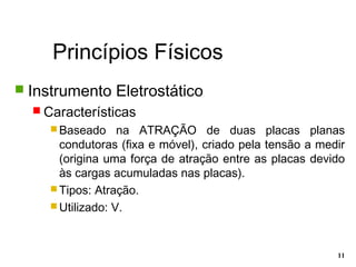 Princípios Físicos
11
 Instrumento Eletrostático
 Características
 Baseado na ATRAÇÃO de duas placas planas
condutoras (fixa e móvel), criado pela tensão a medir
(origina uma força de atração entre as placas devido
às cargas acumuladas nas placas).
 Tipos: Atração.
 Utilizado: V.
 