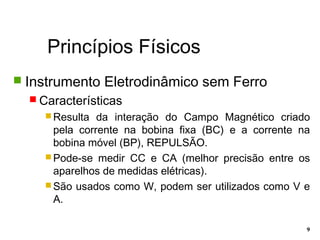 Princípios Físicos
9
 Instrumento Eletrodinâmico sem Ferro
 Características
 Resulta da interação do Campo Magnético criado
pela corrente na bobina fixa (BC) e a corrente na
bobina móvel (BP), REPULSÃO.
 Pode-se medir CC e CA (melhor precisão entre os
aparelhos de medidas elétricas).
 São usados como W, podem ser utilizados como V e
A.
 